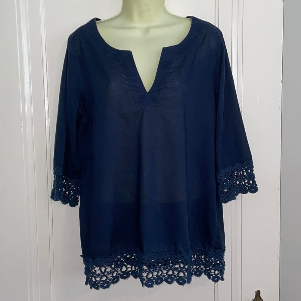 Ann Taylor navy blue blouse with lace hem‎ & cuffs